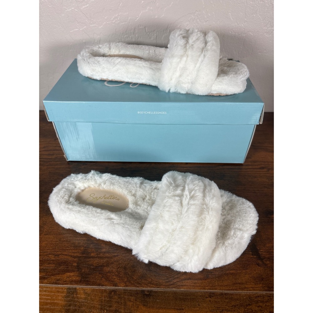 Seychelles Womens Faux Fur Slide Slippers Cream Plush Open Toe‎ Shoes SZ 8 NIB